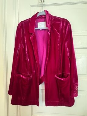 By Anthropologie Velvet Open-Front Blazer Jacket in Fuchsia Medium
